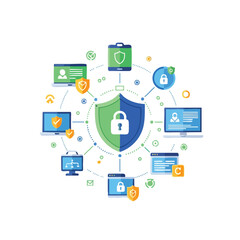 Flat lay illustration of a shield surrounded by various digital devices and security icons on a white background with a mix of blue, green, and orange colors.