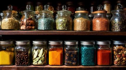 Colorful assortment of spices and herbs in glass jars arranged neatly on wooden shelves, showcasing vibrant textures and natural ingredients for culinary inspiration