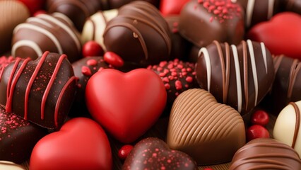 Obraz premium Heart-shaped chocolates in various designs and colors, a sweet treat for any occasion, displayed closely together