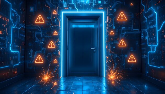 Secure server room with warning signs and glowing blue door