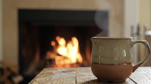 Cozy Ceramic Mug with Rising Steam on Wooden Table in Front of Warm Blurry Fireplace Flame