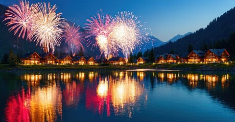 Beautiful lakeside village illuminated by vibrant fireworks display. Mountains frame scene, reflections shimmer on water. Festive, peaceful.