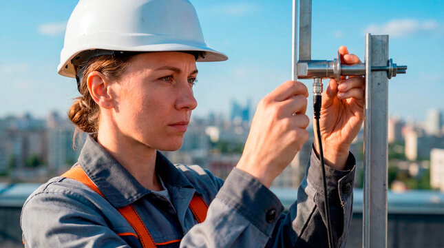 Female engineer in hard hat adjusting antenna on rooftop. Professional woman technician working with cable and equipment. Industrial worker maintaining telecommunication system