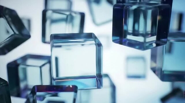 Abstract Falling Transparent Glass Cubes with Blue Tint and Depth of Field Blur on White Background