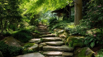 Naklejka premium Stone steps leading through green forest