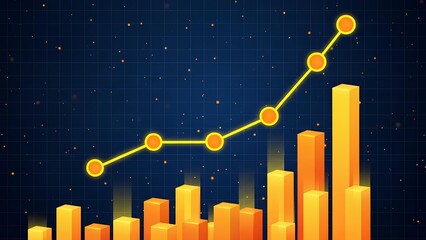 Abstract visualization of financial growth and business success, featuring an upward-trending line graph and glowing bar charts on a digital grid background