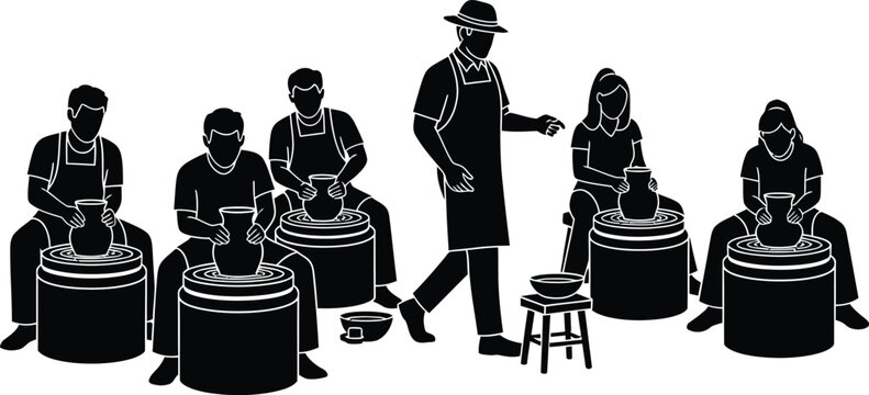 Pottery Class Workshop Silhouette Group Vector Illustration People Creating Clay Vases on Wheel with Instructor