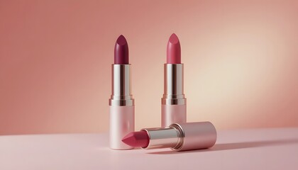 Three pink lipsticks with gold holders on pink background