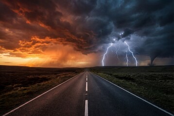 Dramatic stormy road with lightning and tornado at sunset