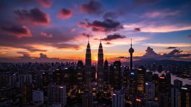 Epic sunset view of Kuala Lumpur Malaysia skyline with Petronas Towers and KL Tower illuminated at twilight