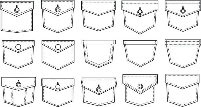 Fifteen diverse illustrated pockets with buttons and stitching on a white background Keywords: pocket, pockets, button, buttons