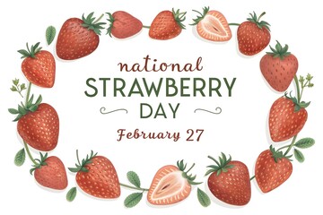Celebrate the sweet arrival of national strawberry day on february twenty seventh with this charming illustration featuring a vibrant wreath border made of delicious ripe strawberries and delicate gre