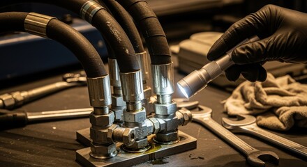 Closeup on hydraulic hoses and connectors being inspected for leaks and wear during weekly maintenance of an orchestra pit lift platform.