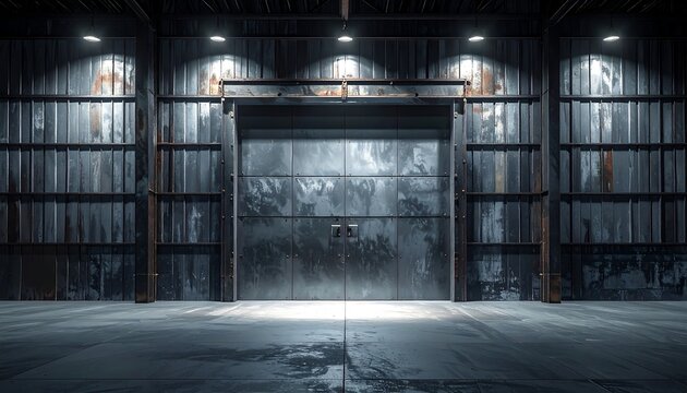 Industrial metal door inside a warehouse with strong surface texture and dramatic lighting, creating a powerful urban atmosphere suited for industrial, architectural, and gritty design concepts.