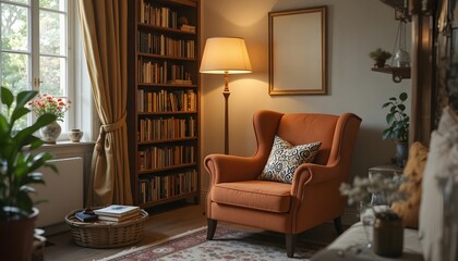 Cozy living room with comfortable armchair and floor lamp by window