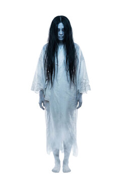 Yurei ghost woman in white kimono. Japanese horror spirit.