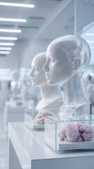 Futuristic female mannequin heads with floral accents in minimalistic display. Fungal Disease Awareness Week