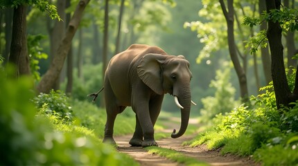 Fototapeta premium Asian elephant walking peacefully through tropical forest scenery, ideal for nature and wildlife concepts.