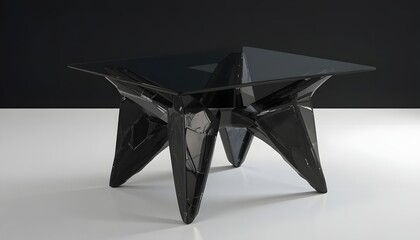 Sleek modern black glass coffee table with unique geometric base
