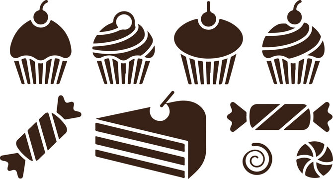 Brown silhouettes of various sweet desserts including cupcakes, candies, and a cake slice