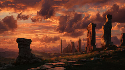Majestic ancient stone structures stand against a vibrant sunset sky, casting long shadows on the grassy landscape, evoking a sense of mystery and history in a serene environment