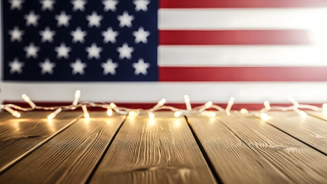 American flag with string lights on wooden floor - Powered by Adobe