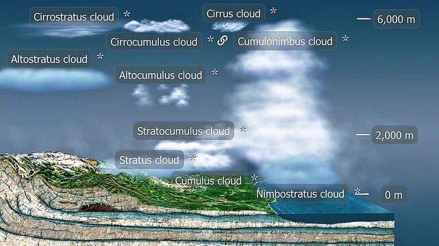 Different cloud types in the atmosphere, including cumulus, cirrus, stratus, nimbus, and altostratus.
