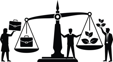 Corporate Sustainability Balance Scale Icon Comparing Business and Environmental Values Black and White Vector