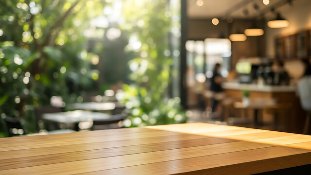 Empty wooden table top with blurred garden cafe background