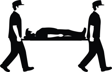 Medical staff carrying injured patient on a stretcher silhouette vector illustration