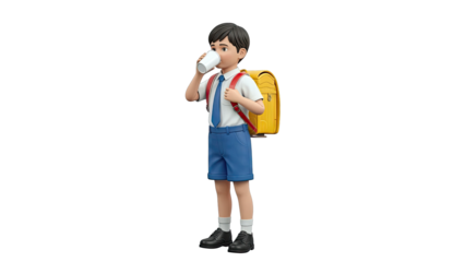 Schoolboy drinking from cup with yellow backpack