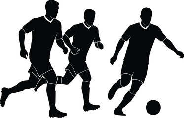 Three Soccer Players Silhouettes Black and White Football Team in Action Running and Dribbling Vector Graphic