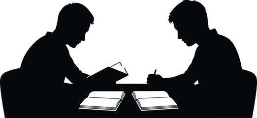 Two Young Men Studying Silhouette Vector Illustration Students Reading and Writing at a Desk Education Concept