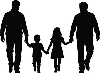 Two Dads Family Silhouette Walking Holding Hands with Children Black Vector Graphic