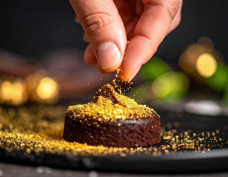 Close up of a baker's hand sprinkling edible gold glitter onto a decadent chocolate dessert on a dark slate plate with soft bokeh background lights.