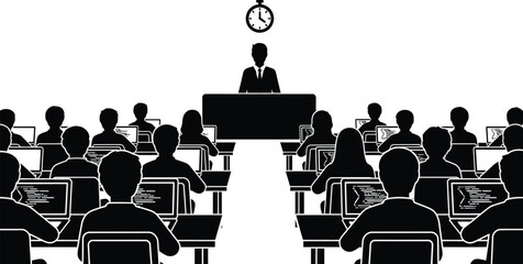 IT Training Seminar with Audience Coding on Laptops and Presenter Under a Deadline Clock Black and White Vector