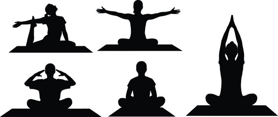 Five Yoga Poses Silhouettes Collection for Meditation and Fitness Vector Graphics