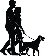 Couple Walking Dog Silhouette Vector Illustration Black and White Icon Graphic