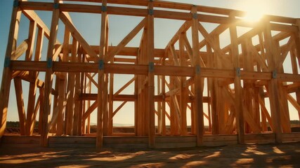 Construction of a wooden structure during sunset in an open area