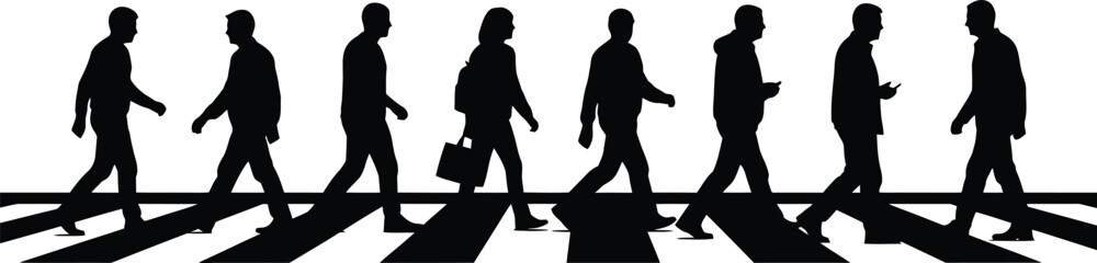 Black silhouettes of diverse people walking across a zebra crossing street isolated on white background