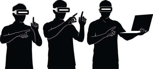 Virtual Reality Headset Silhouette Set Men Interacting with Metaverse Digital Interface and Laptop