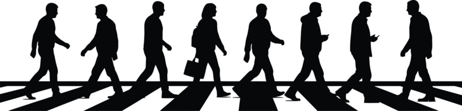 Black silhouettes of diverse people walking across a zebra crossing street isolated on white background
