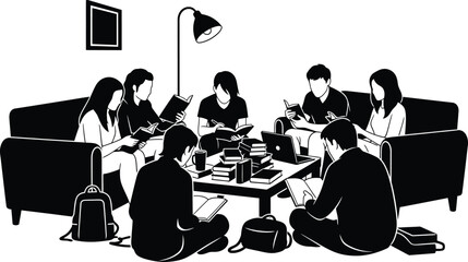 Group Study Session Monochrome Vector Students Reading Books and Laptop Education Illustration