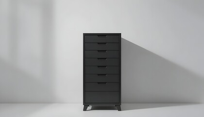 Modern black tallboy dresser with eight drawers in minimalist room