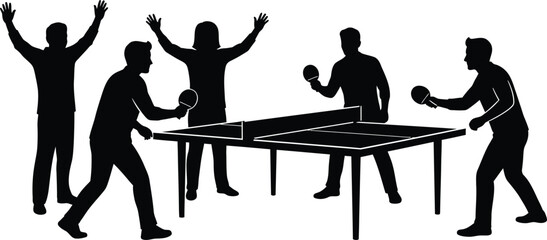 Table Tennis Players Silhouette Vector People Playing Ping Pong and Celebrating Victory on White Background