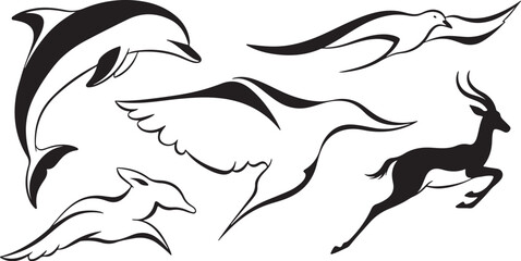 Obraz premium Silhouette of animals running and flying freely together