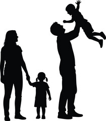 Black Silhouette Vector of Happy Family Parents and Two Children Playing Together