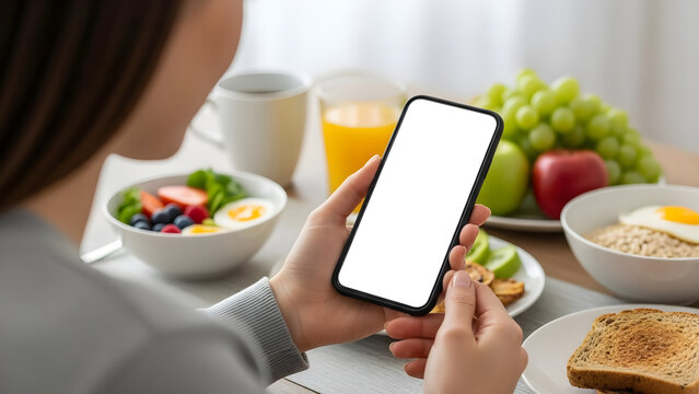 Woman engaging with a smartphone during a healthy morning breakfast, highlighting the modern blend of technology and daily routines for personal connectivity - Powered by Adobe