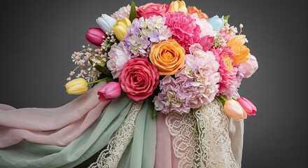 多種多様な色とりどりの花が咲き誇る豪華なブーケ優雅なドレープとレースが柔らかい光を浴びて華やかに輝く. AI Generated