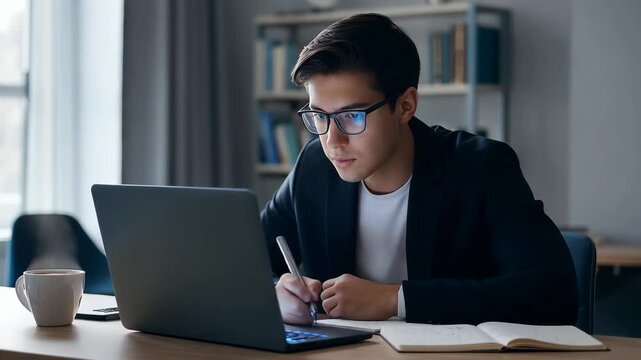Young man works on laptop in home office during morning hours with books on shelf beside him